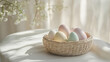 © THUA - minimal yet sophisticated Easter setup with pastel eggs in woven basket