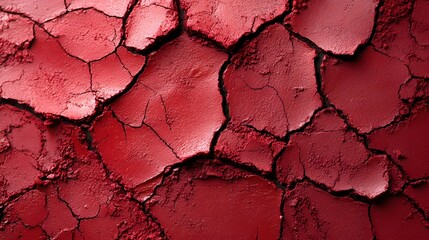Poster - Close-up of cracked, red earth. A dry, textured surface. Crimson Cracked Earth: A Textural Clay Masterpiece