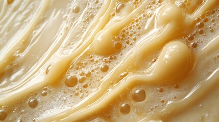 Poster - A detailed image showcasing the luxurious texture of a creamy, foamy liquid. The rich, golden tones and airy bubbles create a visually appealing abstract pattern. Close-up of Foamy Liquid Texture