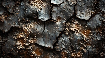 Poster - Close-up of cracked, dark earth with golden highlights. Abstract texture. Cracked Earth: A Textured Abstract of Dark and Golden Hues