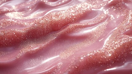 Poster - Close-up macro shot of a pink substance with golden glitter. The image showcases the texture and shimmer, suitable for beauty or abstract backgrounds. Shimmering Pink Substance with Golden Glitter