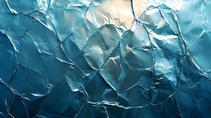 Poster - Close-up of crumpled blue foil showcasing abstract texture. Dramatic lighting creates a unique visual. Abstract Blue Crumpled Foil Texture: A Study in Light and Shadow