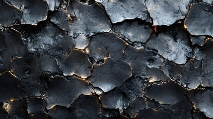 Poster - Abstract image of a dark, cracked surface with glowing crevices. The texture is rough and powerful. Abstract Dark Cracked Surface with Glowing Crevices