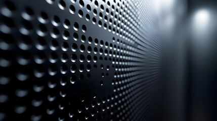 Poster - Close-up view of a dark gray perforated metal panel, exhibiting a captivating interplay of light and shadow. The image is abstract and textural. Abstract Metallic Perforated Panel