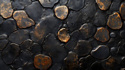 Poster - Close-up view of a textured stone mosaic with a mix of black and copper tones. The abstract pattern creates a sophisticated and luxurious aesthetic. Abstract Black and Copper Stone Mosaic