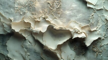 Poster - Close-up of a textured canvas showing signs of decay and erosion. The abstract image features shades of white, gray, and beige. Abstract Textured Canvas: A Study in Erosion and Decay
