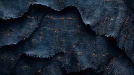 Poster - Close-up view of dark blue fabric with gold accents, showing texture and folds. Luxurious and artistic. Textured Blue Fabric with Gold Accents: A Deep Dive into the Art of Textiles