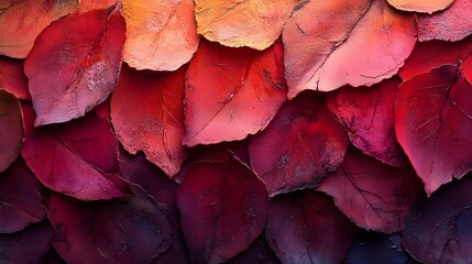 Poster - Close-up view of many textured autumn leaves, displaying a gradient of red tones. Autumnal Leaves: A Symphony of Red Hues