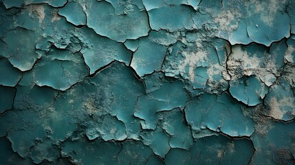 Poster - Close-up view of cracked teal paint on a textured surface. Abstract background. Cracked Teal Paint Texture: Abstract Background