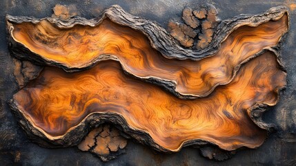 Poster - Intricate wood carving with flowing lines and warm tones. Abstract art piece showcasing natural beauty. Abstract Wood Carving: A Symphony in Orange and Brown