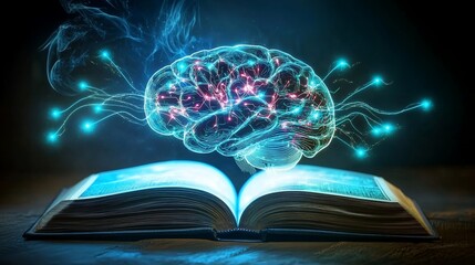 Aufkleber - Glowing brain above open book representing knowledge, learning, intelligence and technology