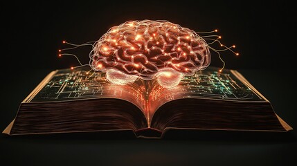 Aufkleber - Glowing brain illustration emerging from an open book with circuit board like pages on a dark backdrop