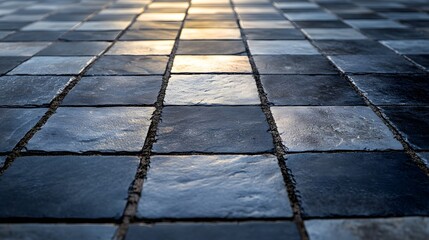 Aufkleber - Close-up view of a checkered stone pavement, displaying intricate texture and color variations. The image showcases a perspective. Stone Pavement: A Checkered Pattern in Twilight