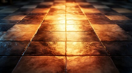 Poster - Golden light illuminates a checkered tile floor. Warm tones create a dramatic effect. Illuminated Tiles: A Golden Path