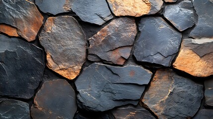 Poster - Close-up of a dark stone wall. Irregularly shaped stones create a rustic texture. Great for background or design. Dark and Rustic Stone Wall Texture: A Close-Up View of Irregularly Shaped Stones
