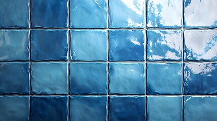 Poster - Close-up view of a wall of glossy blue ceramic tiles. Smooth surface, beautiful design. Stunning Blue Ceramic Tiles: A Wall of Serenity