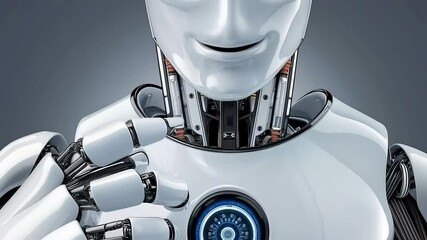 A close view of a white, futuristic humanoid robot, focusing on its upper body and subtle smile