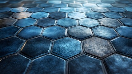 Poster - Close-up view of a repeating hexagonal tile pattern, deep blue metallic texture. Abstract design. Abstract Hexagonal Pattern: Deep Blue Metallic Tiles