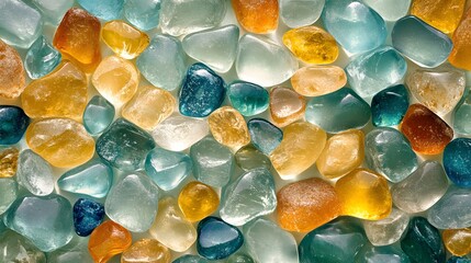 Poster - Close-up view of many polished stones in various shades of blue, yellow, and orange. A Collection of Polished Gemstones in Warm and Cool Tones