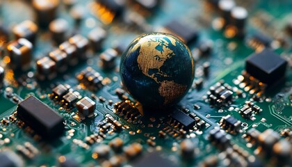 Poster - A miniature globe rests on a circuit board reflecting technology concept