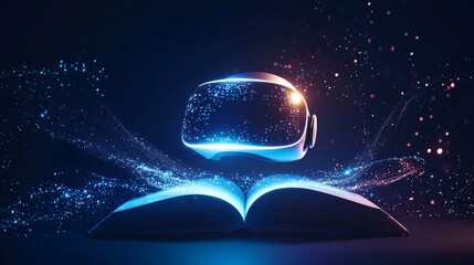 Aufkleber - Virtual Reality Headset hovering above an opened glowing book against dark space background