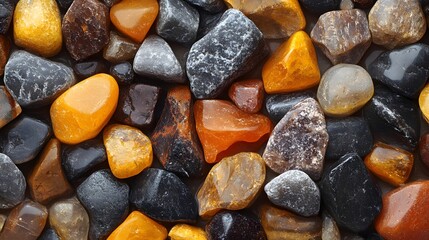 Poster - Close-up view of various polished stones in orange, gray, brown, and black hues. A beautiful natural texture. Vibrant Collection of Polished Stones: A Colorful Medley of Natural Gems