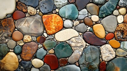 Poster - A close-up shot showcasing a diverse array of polished stones in vibrant colors, forming a captivating natural mosaic. Vibrant Collection of Polished Stones: A Colorful Mosaic of Nature's Gems