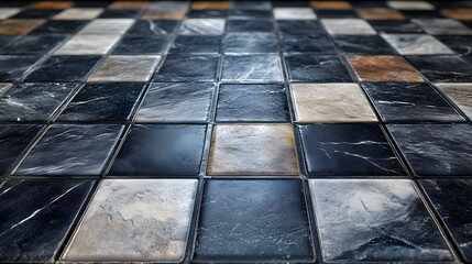 Aufkleber - Close-up view of a luxurious checkerboard marble tile floor. The tiles are dark and light grey, brown and white. Elegant Checkerboard Marble Tile Floor: A Luxurious Design