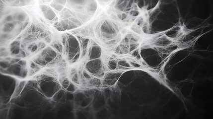 Poster - Close-up shot of a spiderweb, showcasing its intricate details against a dark background. The delicate structure is highlighted. Intricate Spiderweb Texture. White Spiderweb Against a Dark Background