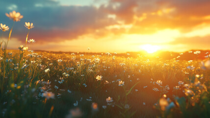 Wall Mural - Serene summer field bathed in the soft golden light of a stunning sunset on the horizon