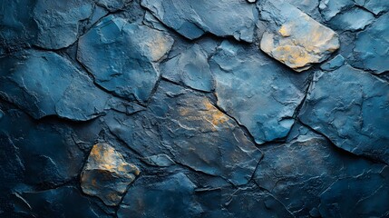 Poster - Abstract background of deep blue stone wall texture with irregular shapes and gold hints. A Captivating Abstract Background of Irregularly Shaped Stones in Shades of Deep Blue and Hints of Gold