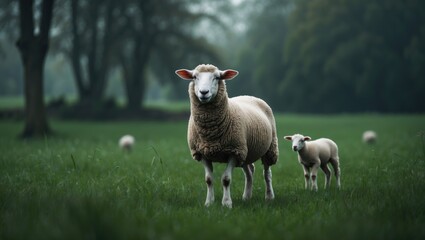 Wall Mural - a sheep standing in a grassy meadow surrounded by trees, depicting a pastoral scene with lambs and w