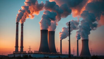 Poster - pipes of a thermal power station releasing carbon dioxide into the air during sunset, environmental 