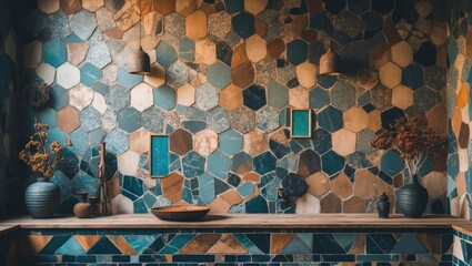 Poster - Decorative abstract backdrop featuring a vintage mosaic design. Suitable for various applications like patterns, images, themes, presentations, tablecloths, or concept designs with a geometric text...