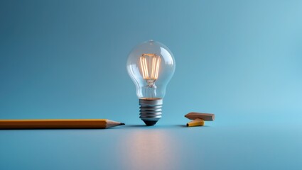 Poster - Simple light bulb and pencil on a soft blue backdrop. Concept of creative thinking and innovation. Image.