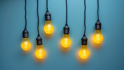 Poster - Suspended yellow light bulbs with one distinct glowing bulb on a light blue backdrop, minimalist design concept, overhead view, flat lay.