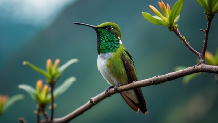 Poster - mountain velvetbreast - lafresnaya lafresnayi, vibrant green hummingbird belonging to the helianthei