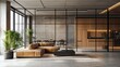 © Wawastock - Modern loft apartment interior with glass partition separating living and dining areas, featuring a leather sectional sofa, wooden cabinetry, and large windows.