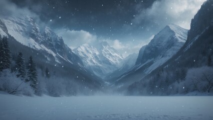 a snowy winter landscape featuring towering mountains and falling snowflakes.