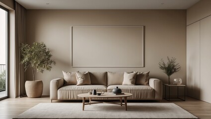 Poster - A minimalist modern space in beige featuring a sofa, an empty wall, a coffee table, and decorative items.