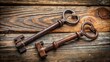 © udomsak - A collection of three vintage antique keys scattered on a weathered wooden surface, with worn patina and cracks, amidst the rough texture of the wood grain , rustic, worn