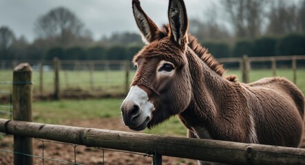 Wall Mural - Social Donkey in the paddock interacting, petting farm, Donkey with its face extended through zoo fence.