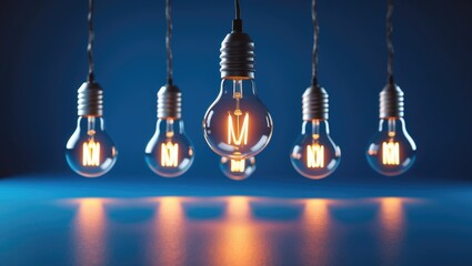 Poster - A solitary illuminated light bulb among others on a blue backdrop, symbolizing unique creativity and innovative ideas through rendering.