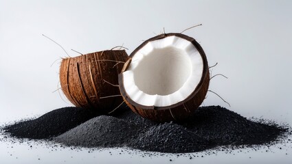 Poster - coconut husks alongside activated charcoal on a light backdrop