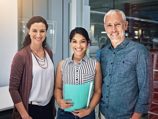 Poster - Portrait, happy and business people in office with documents for teamwork, collaboration and project. Professional, workers and man and women with smile for about us, confidence and company pride