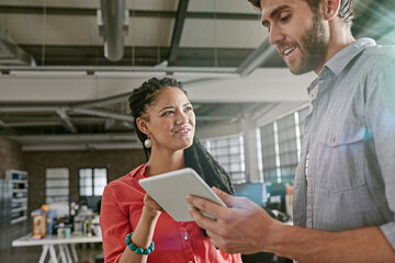 Aufkleber - Designers, tablet and people in small business for discussion, skill development and collaboration. Ideas, startup and creative strategist brainstorming in workplace for project, planning or teamwork