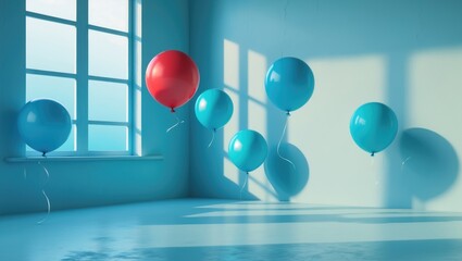 Poster - A unique perspective of a single red balloon drifting away from a cluster of cyan balloons against a light cyan pastel wall, enhanced by window reflections and shadows.