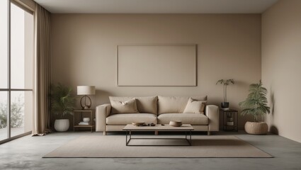 Poster - A minimalist, modern room featuring beige tones, equipped with a couch, a plain wall, a coffee table, and decorative items. mockup.