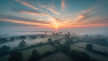 Wall Mural - misty atmospheric sky during sunset. abstract natural backdrop featuring sky textures. aerial view o