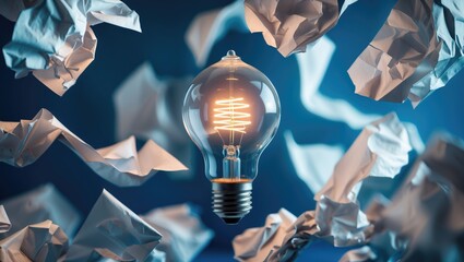 Poster - Illuminated light bulb surrounded by crumpled paper against a blue backdrop, rendered image.